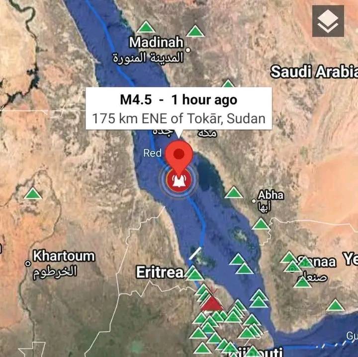 هزة أرضية في البحر الأحمر بين السعودية والسودان بقوة 4.5 ريختر 1 هزة ارضية